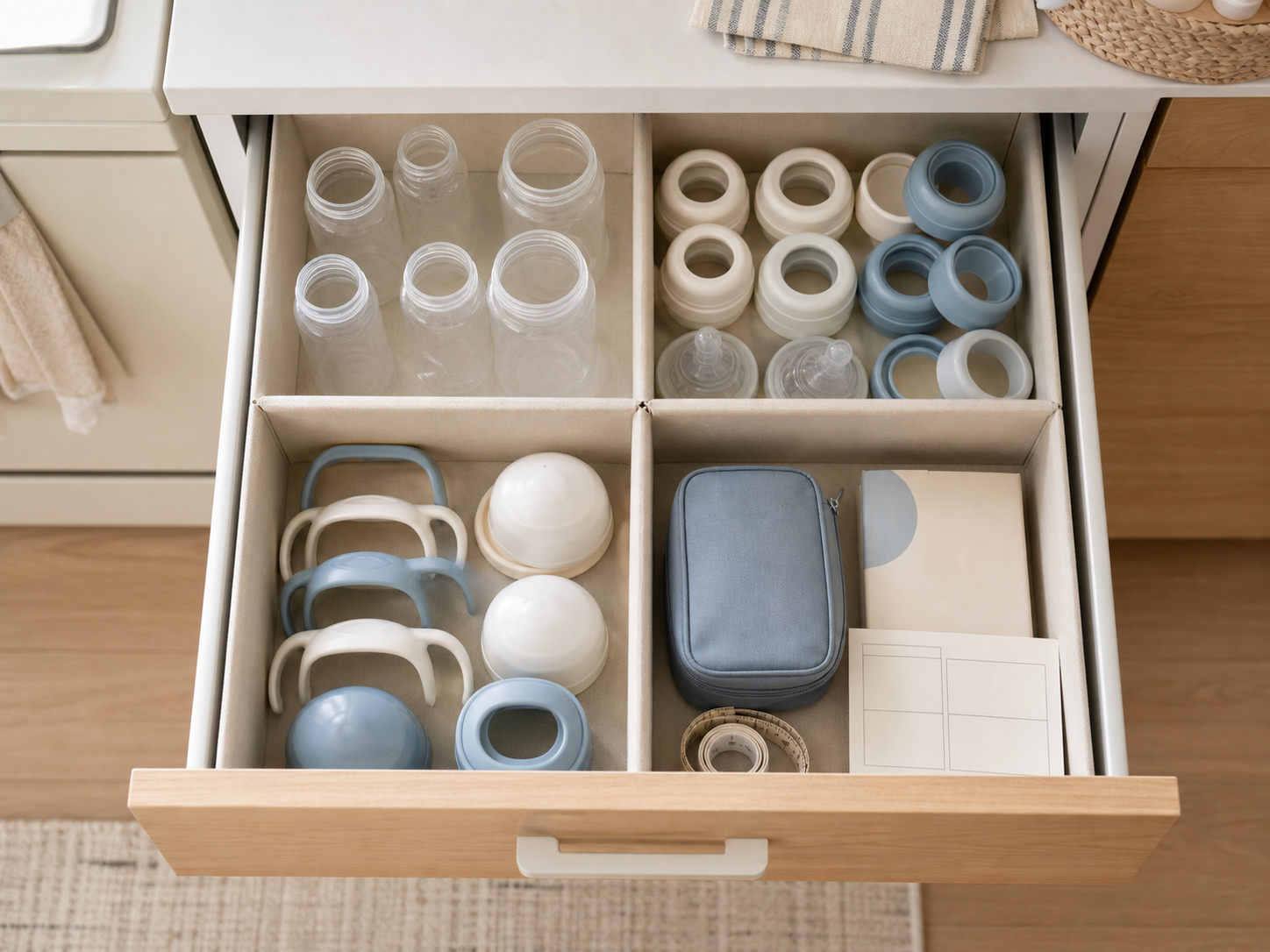 Baby bottles and matching components organized in measured sections of a small kitchen drawer