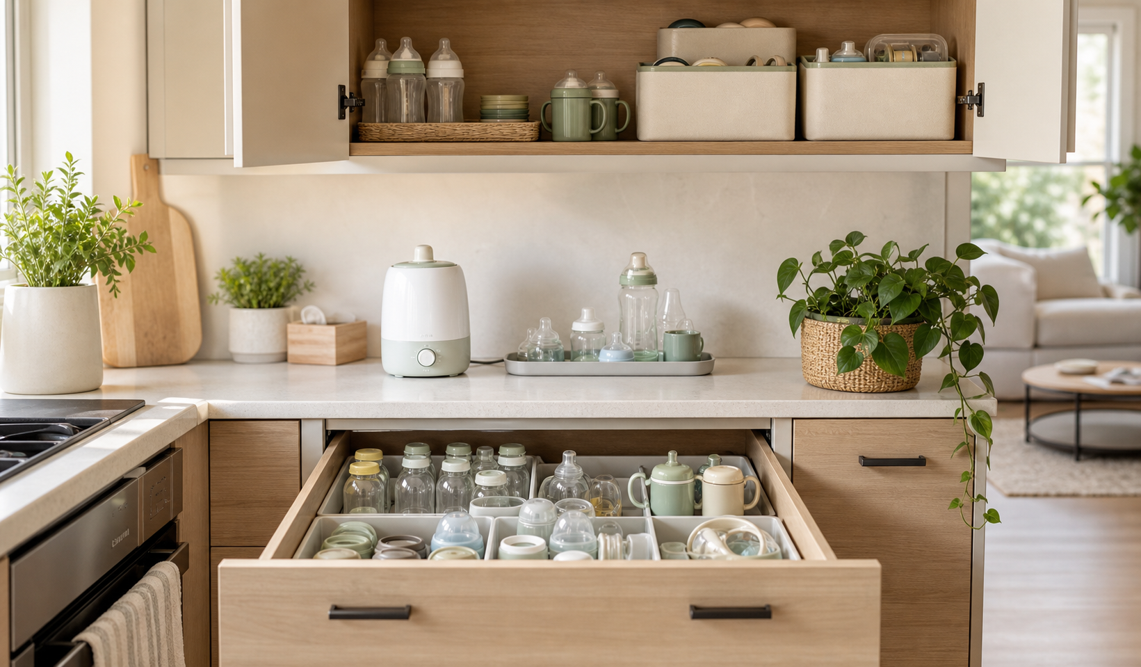Baby bottles and feeding accessories organized in a small kitchen drawer and cabinet